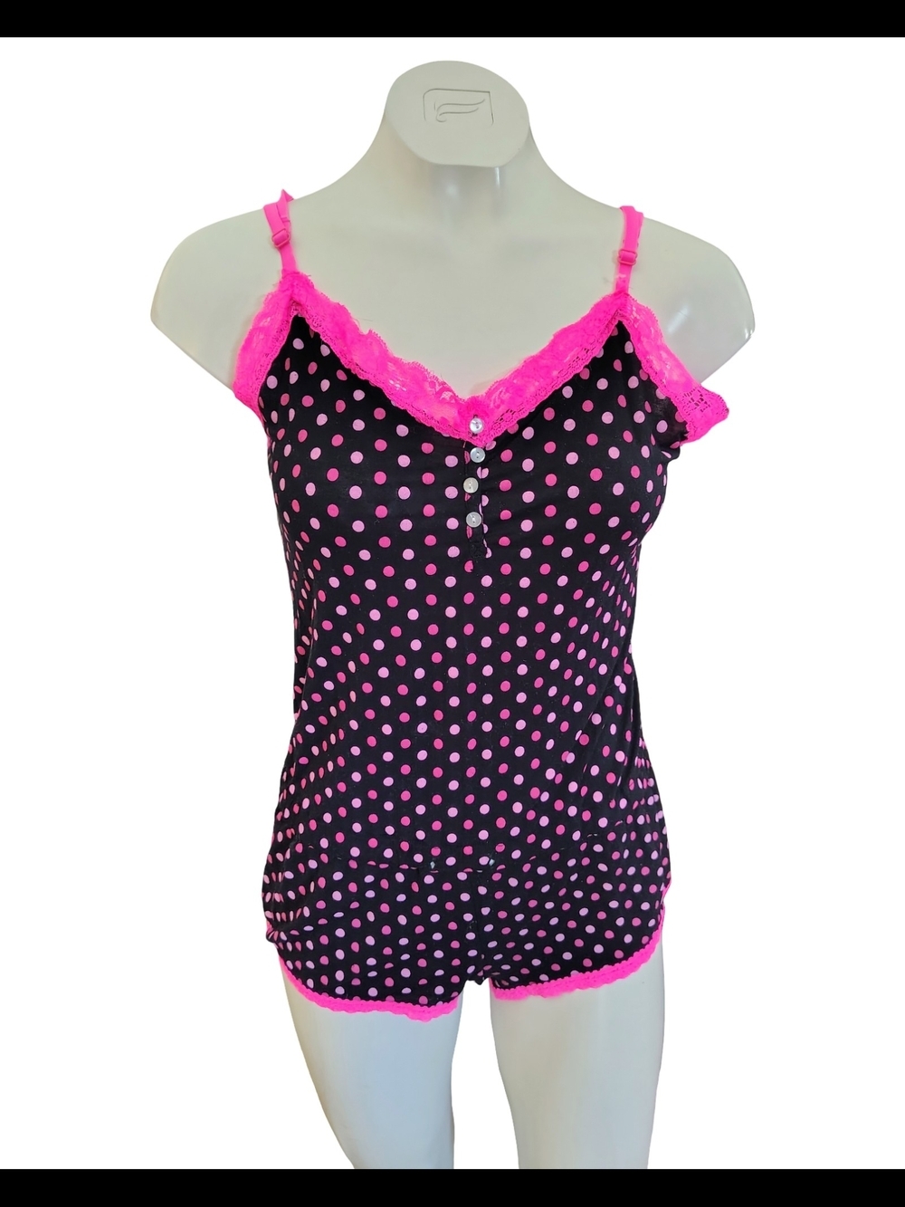 Women’s Black & Hot Pink Polka Dot Lace Sleep Romper